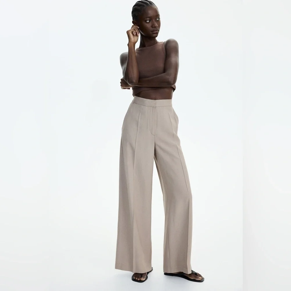 H&M tan linen-blend wide leg pant
